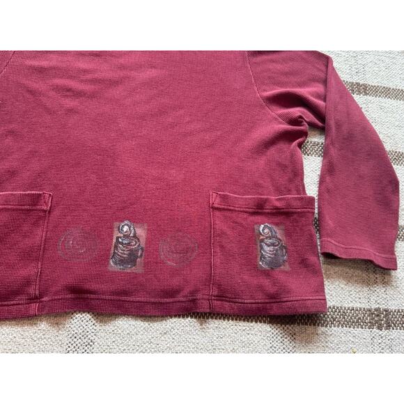 Vintage Blue Fish Women’s Thermal Coffee Red Crop Shirt 2 Large 3/4 Art To Wear - Picture 3 of 14